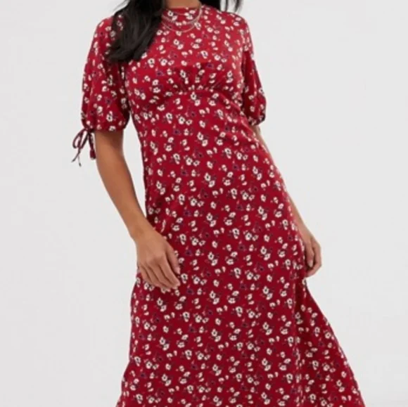 Fashion Union Dresses | Floral Petite Midi Tea Dress - (Sz US 6) | Color: Red | Size: 6 | Knocknoct's Closet